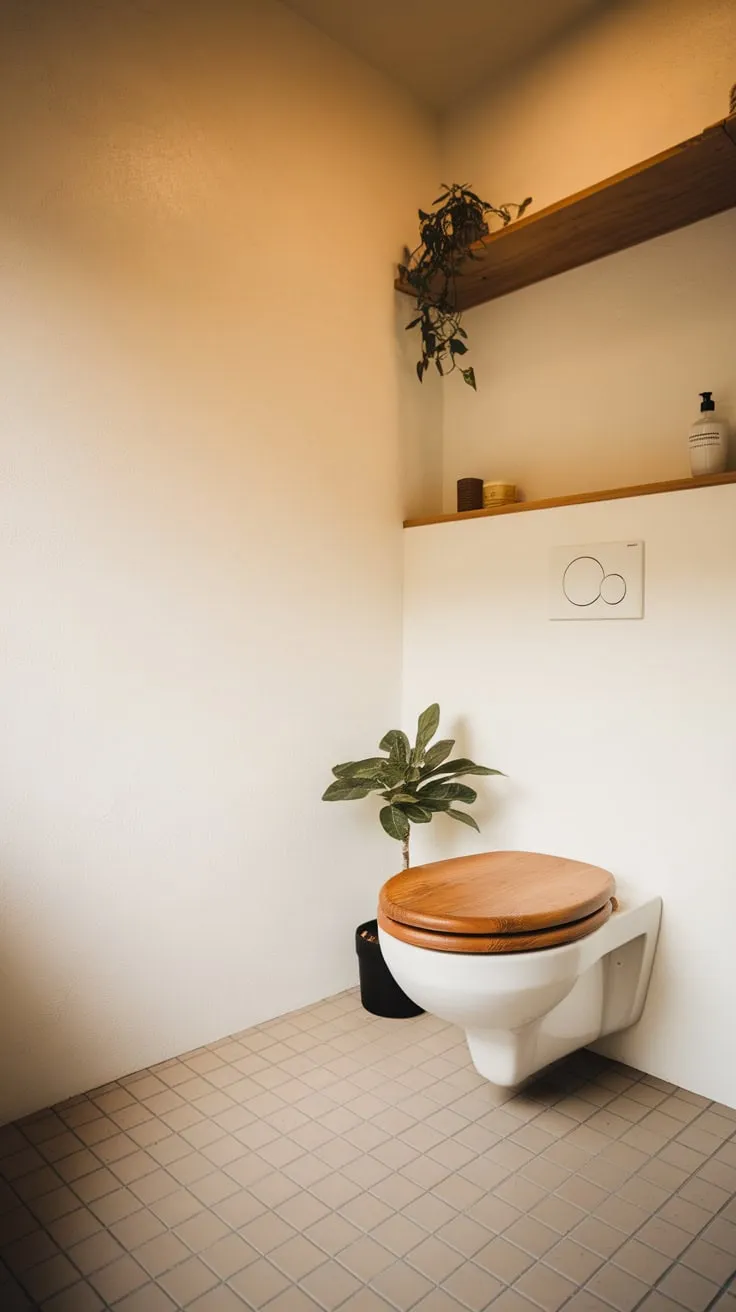 Warm light illuminates a serene Japandi bathroom featuring clean white walls, beige tiles, and a wooden toilet accented by a small plant.