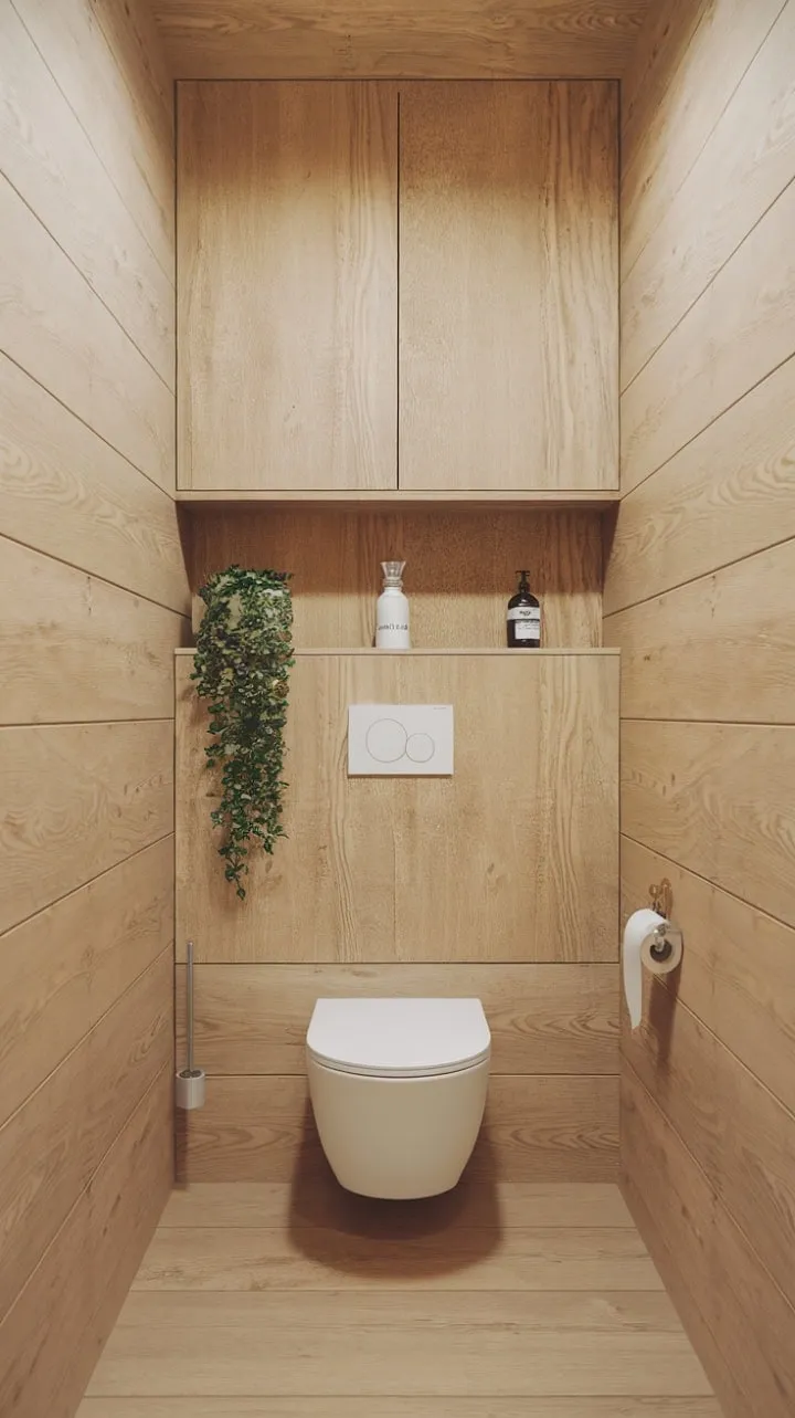 Discover tranquility in this Japandi-inspired bathroom, where light wood accents and a single flourishing plant create a serene oasis for mindful moments.