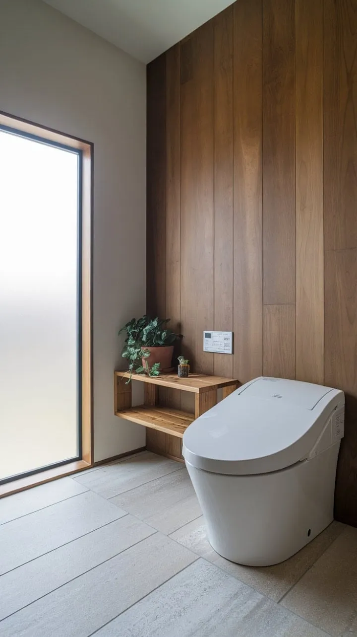 Discover tranquility in a beautifully crafted Japandi bathroom, where light wood, crisp white, and a touch of greenery create a serene oasis.