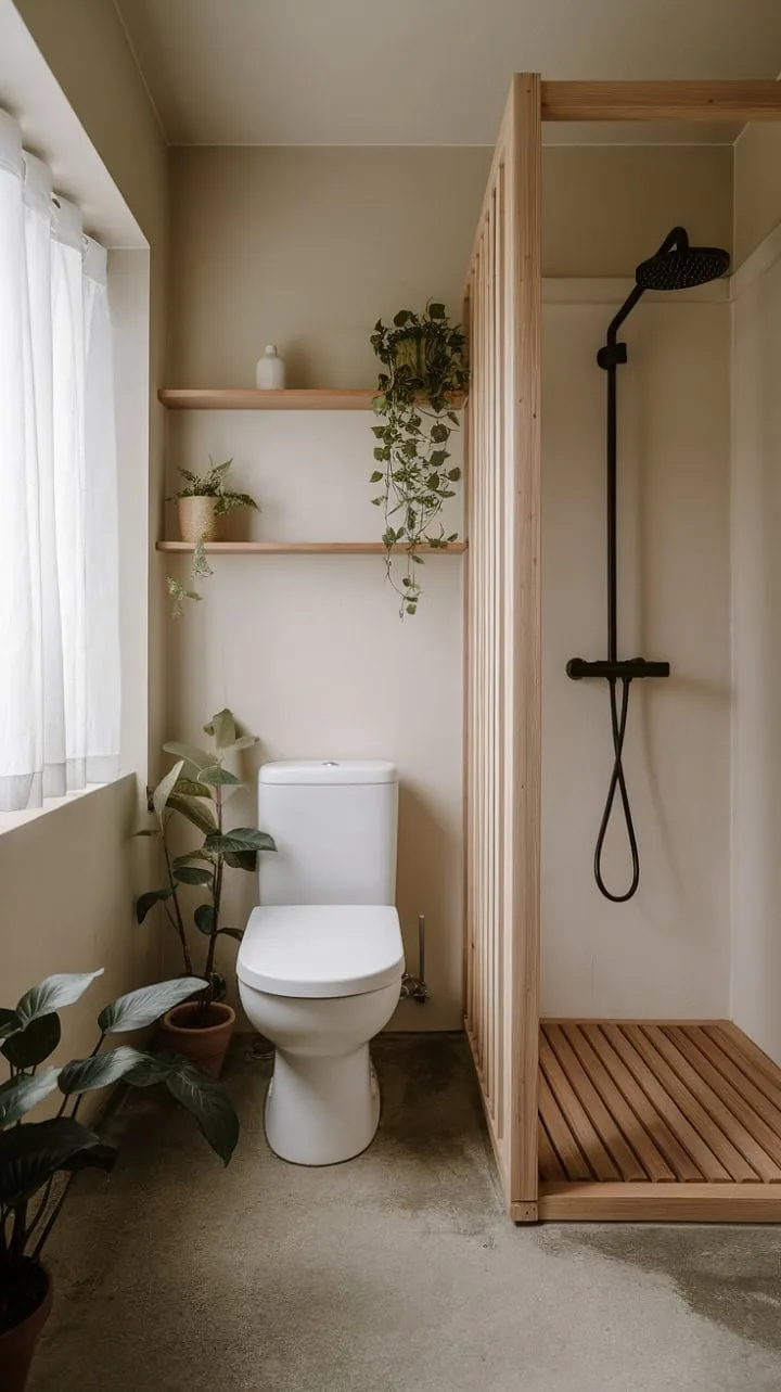 This minimalist Japandi bathroom harmoniously blends warm wood and cool concrete, bathed in natural light, to create an oasis of serene elegance.