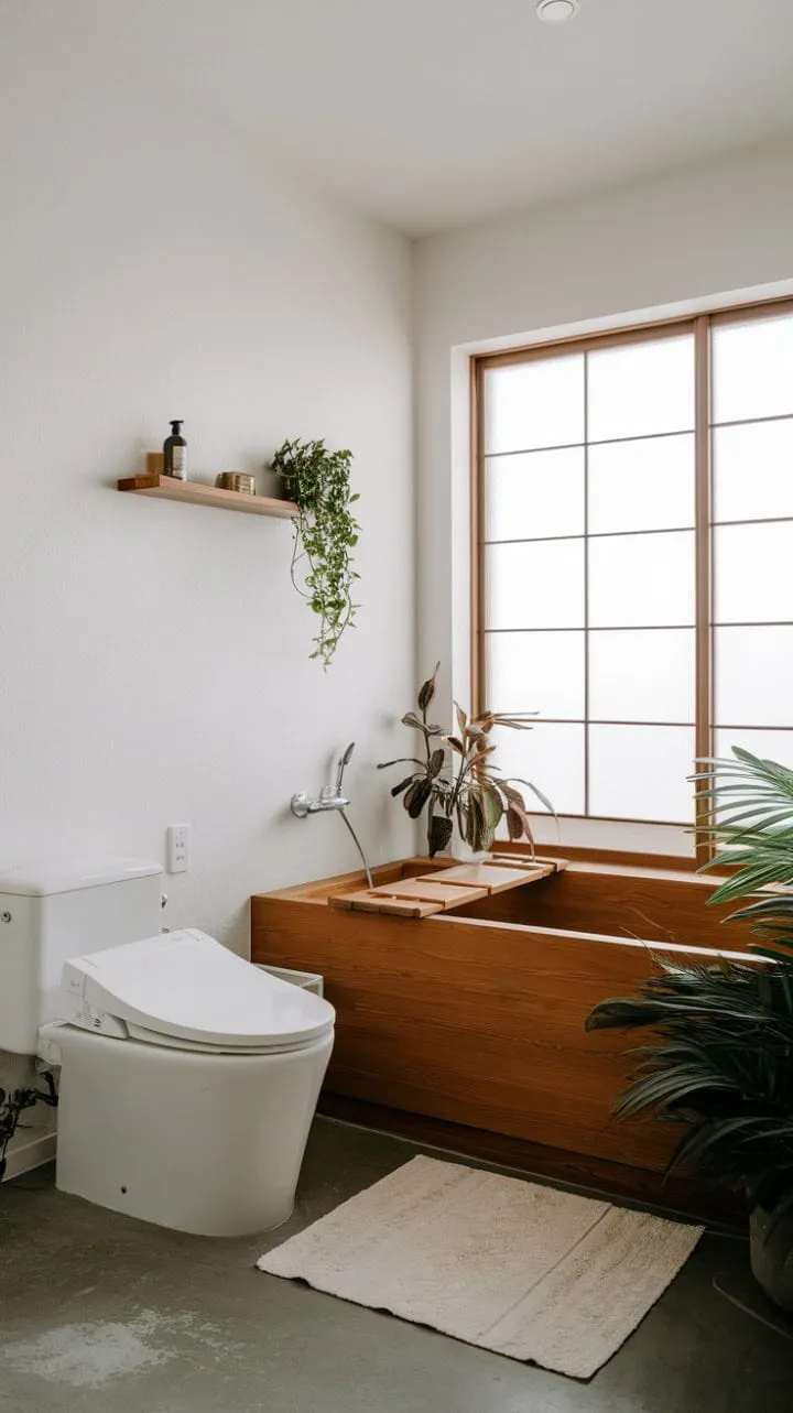 This Japandi-inspired bathroom harmoniously blends minimalist design and natural elements, creating a serene sanctuary bathed in light.