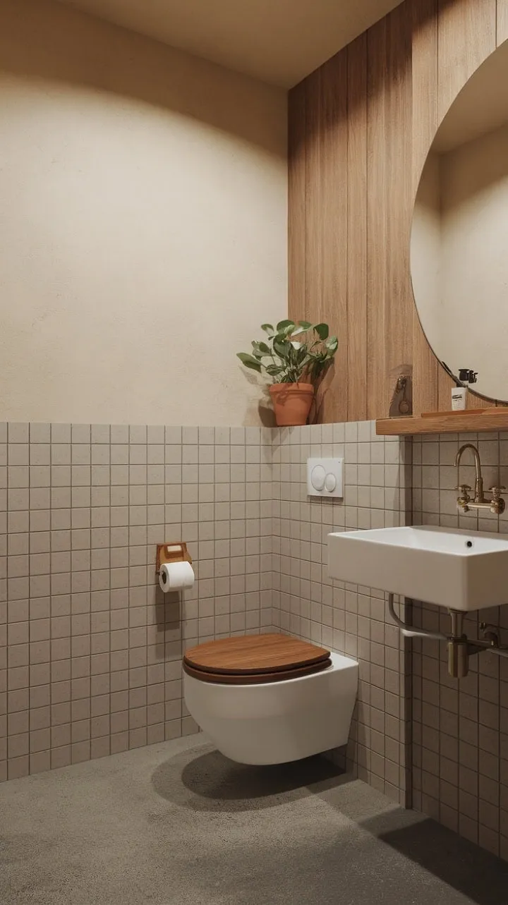 In a minimalist Japandi haven, warm light gracefully illuminates beige tiles and wooden accents, crafting a serene sanctuary that harmonizes functionality with understated elegance.