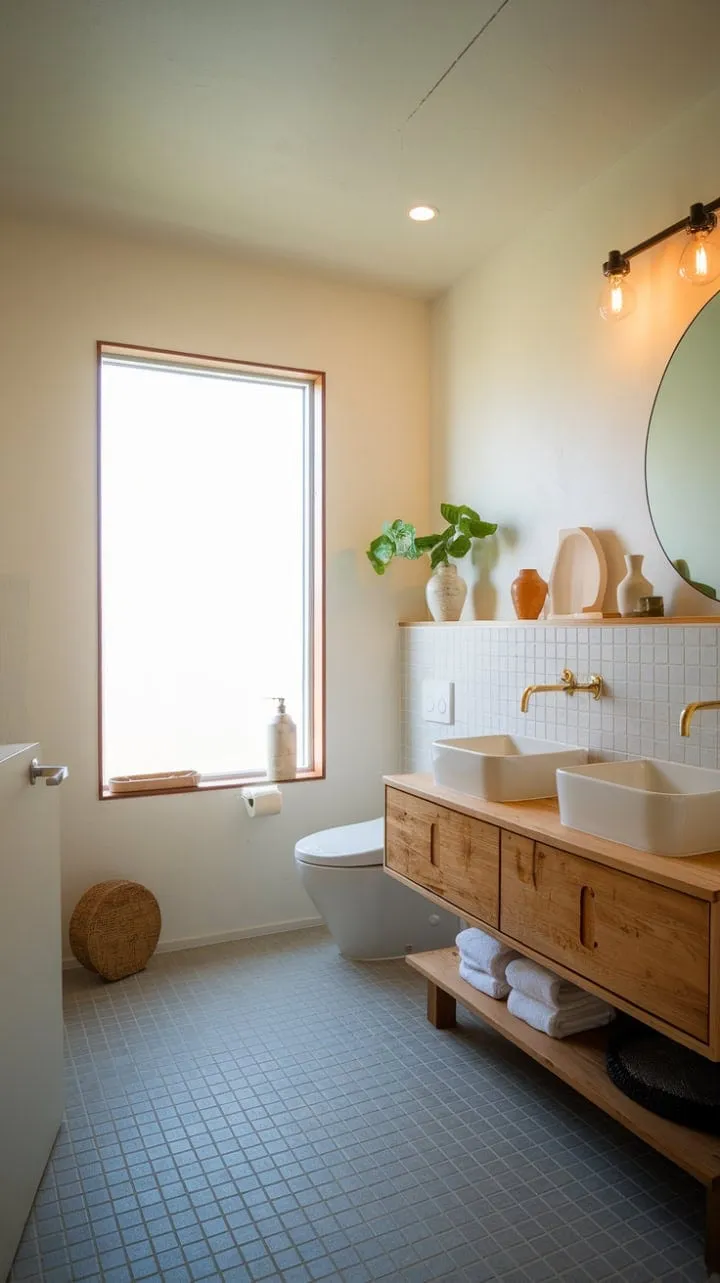 This Japandi-inspired bathroom exudes tranquility with its serene simplicity, where natural light accentuates clean lines, calming textures, and a refreshing touch of greenery.