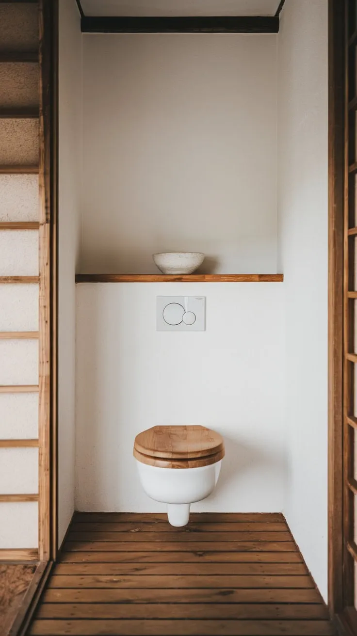 Clean lines and natural wood define this serene Japandi bathroom, showcasing minimalist design at its finest