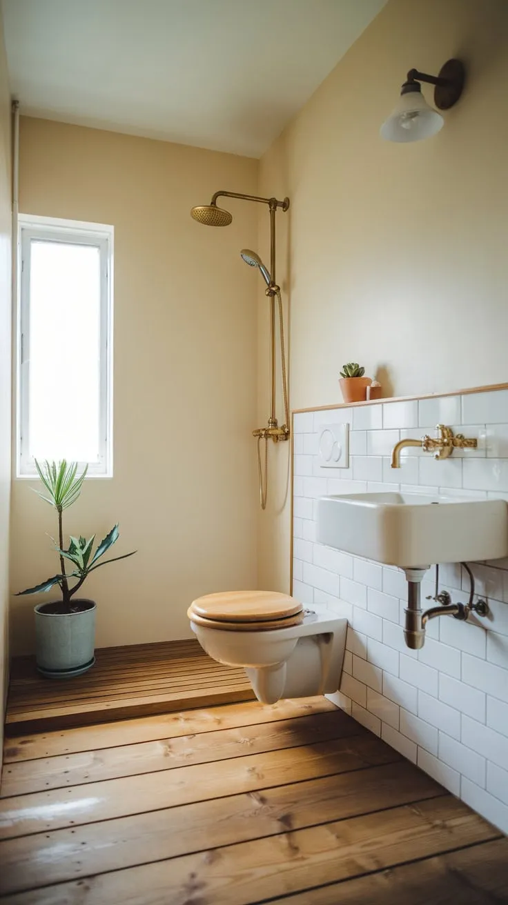 A small window, potted plant, and simple wooden elements define this peaceful minimalist Japandi bathroom.
