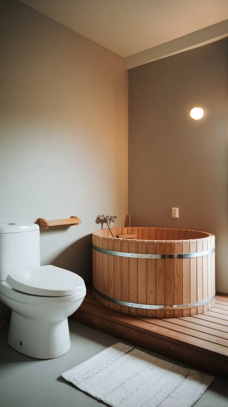 A calming grey-walled bathroom showcases a simple wooden bathtub and white fixtures, creating a minimalist Japandi haven.