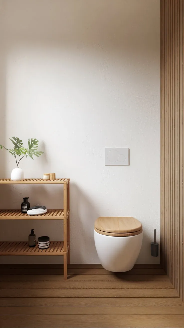 A calming minimalist bathroom design blends white walls, a wooden floor, and sparse natural decor for a tranquil Japandi aesthetic.