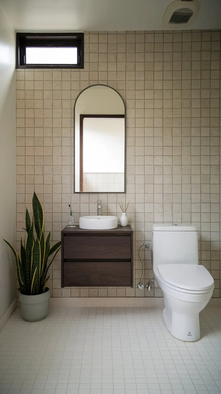 A minimalist Japandi bathroom features clean lines, natural materials, and a small window for a tranquil atmosphere.