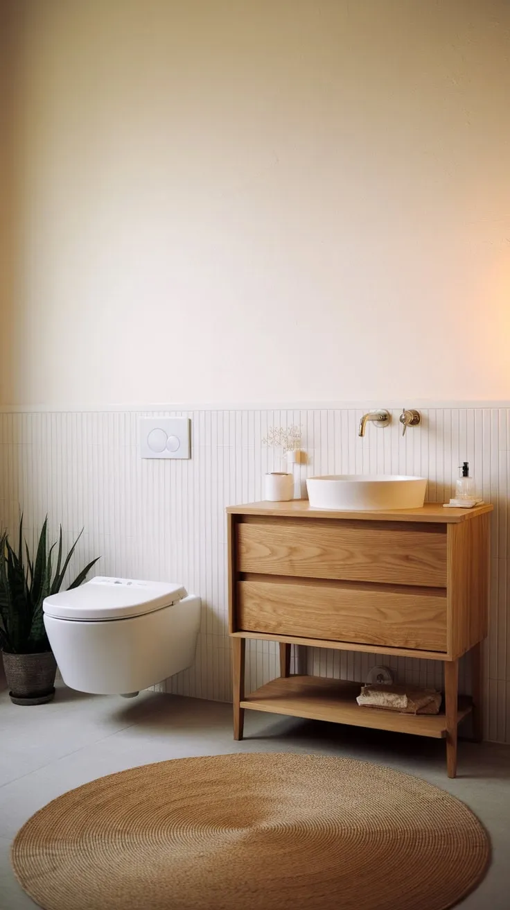 Warm light illuminates a serene Japandi bathroom featuring a wooden vanity, clean lines, and a single potted plant.