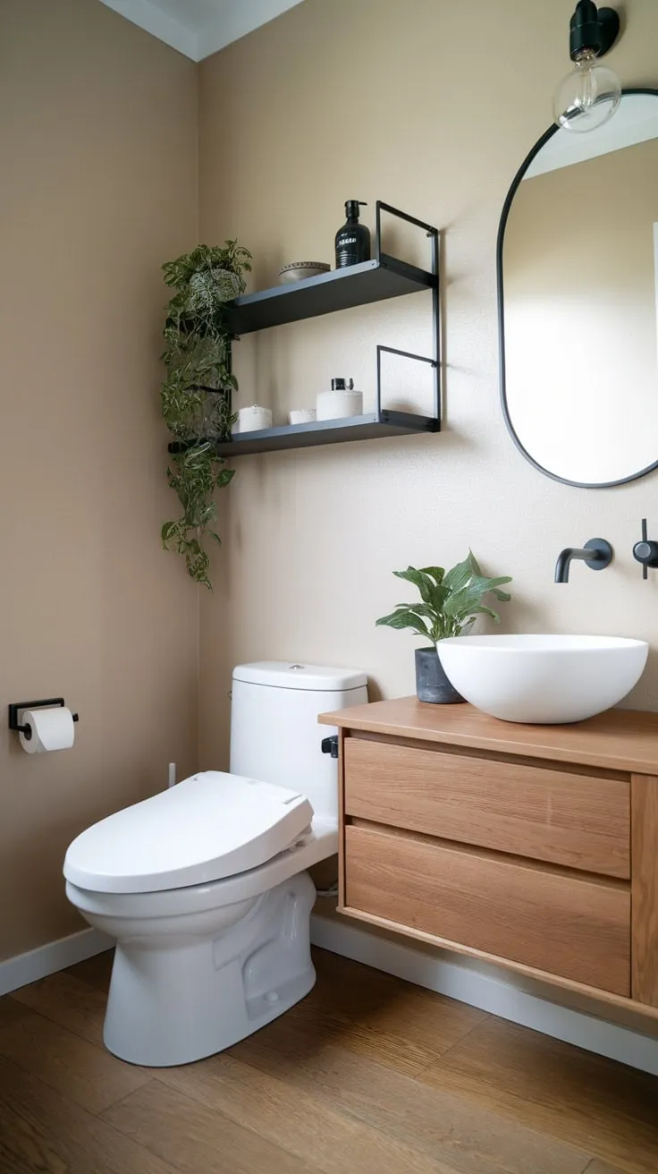 Soft lighting illuminates a serene Japandi bathroom featuring natural wood, clean white fixtures, and subtle black accents.