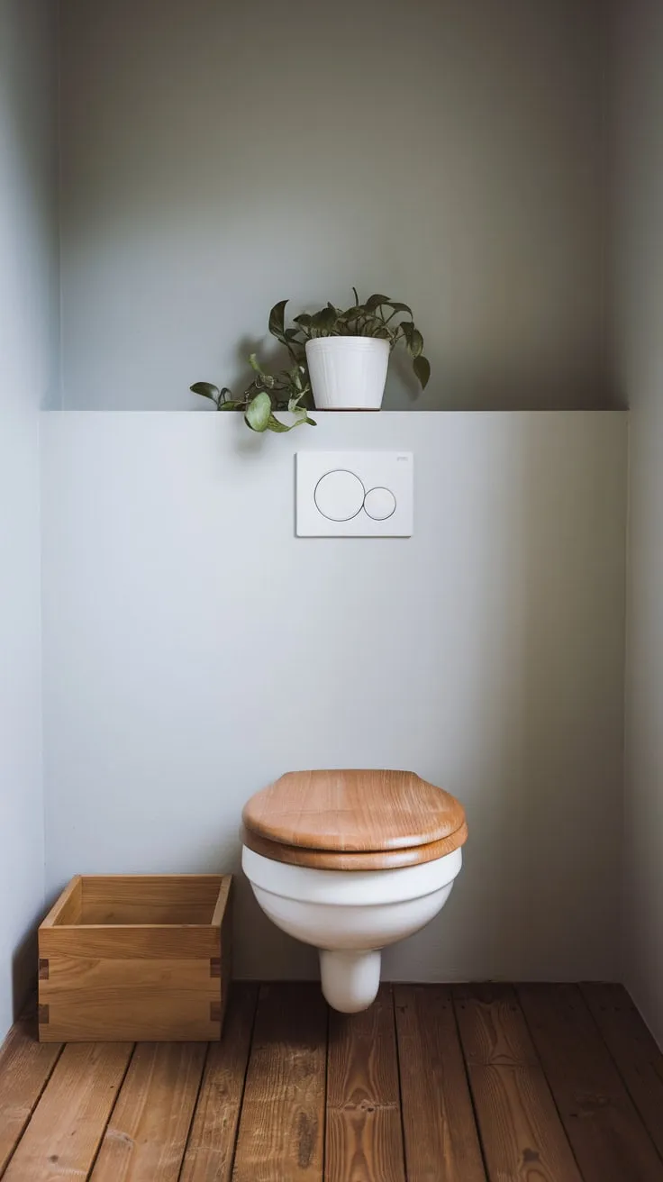 A minimalist Japandi bathroom boasts a calming atmosphere with light gray walls, wooden accents, and a single potted plant.