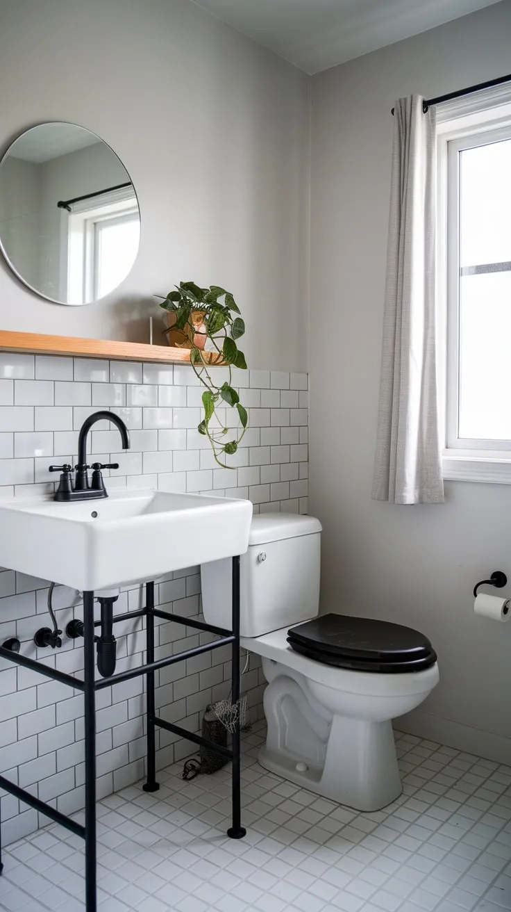 Clean lines and natural elements define this serene Japandi bathroom, featuring a white sink, black fixtures, and a wooden shelf with a plant.