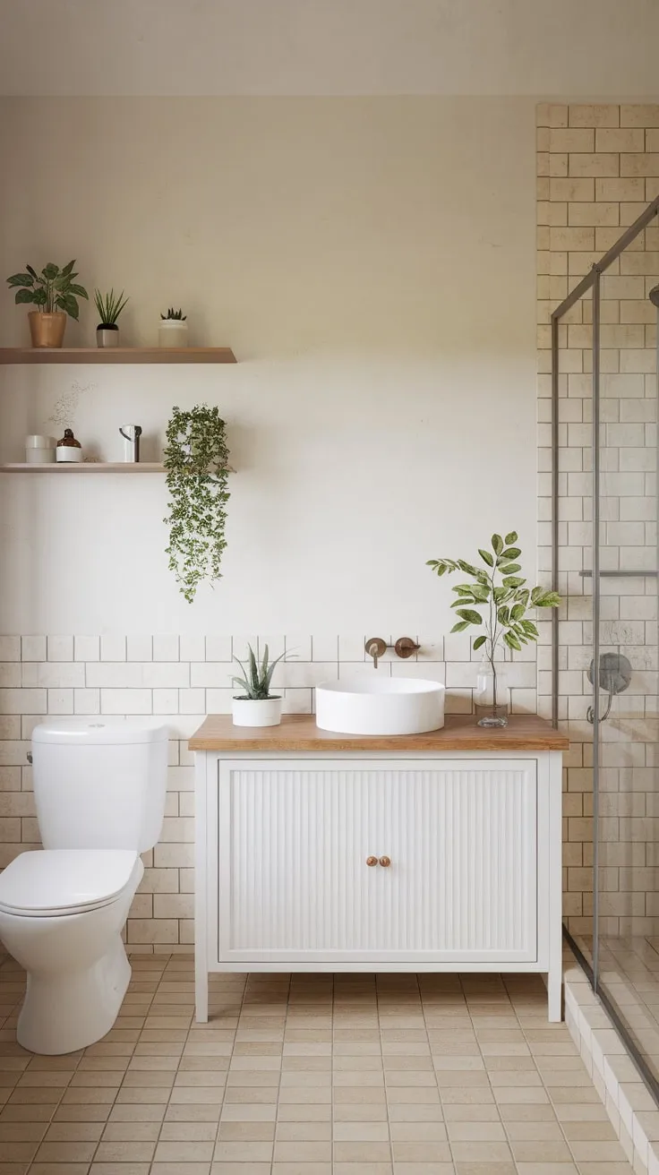 A calming white and beige minimalist bathroom features a wooden vanity and sparse, carefully chosen décor.