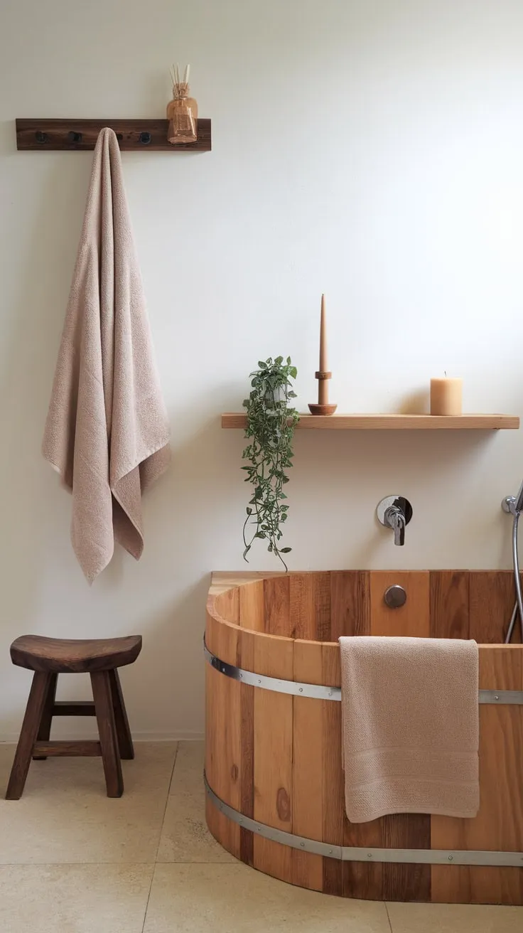 A minimalist Japandi bathroom design showcases natural wood, neutral colors, and thoughtful simplicity.