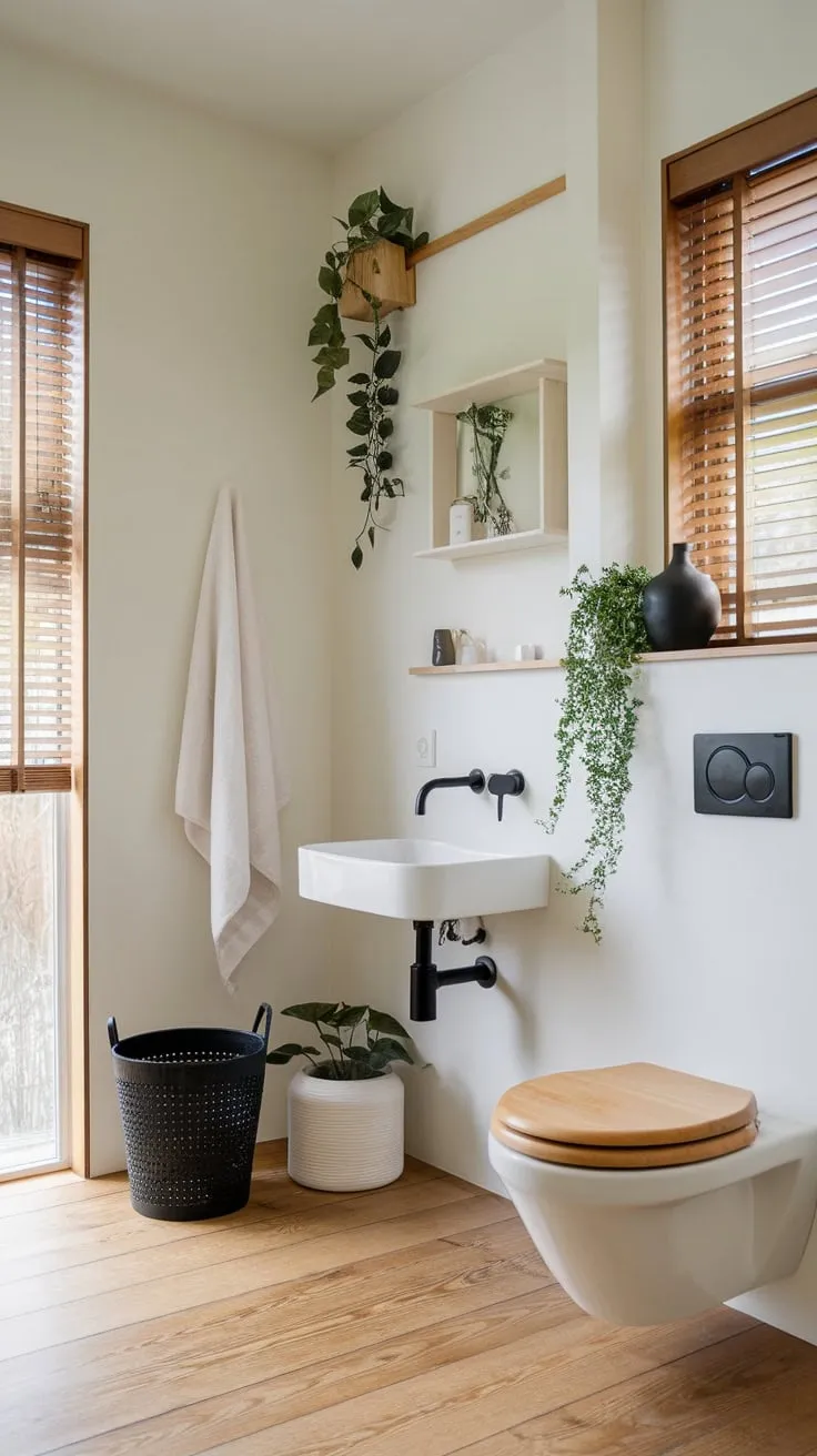 Light beige walls, oak floors, and simple white fixtures create a serene Japandi-style minimalist bathroom.