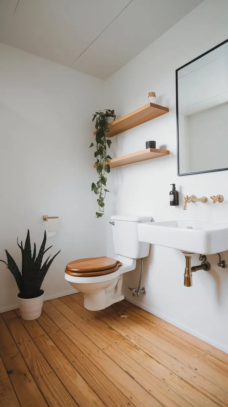 A minimalist Japandi bathroom features a white palette, wooden accents, and a single potted plant for a tranquil atmosphere.