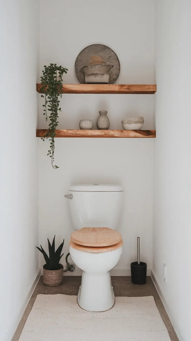 A calming minimalist Japandi bathroom features clean lines, natural wood, and a few carefully chosen plants.
