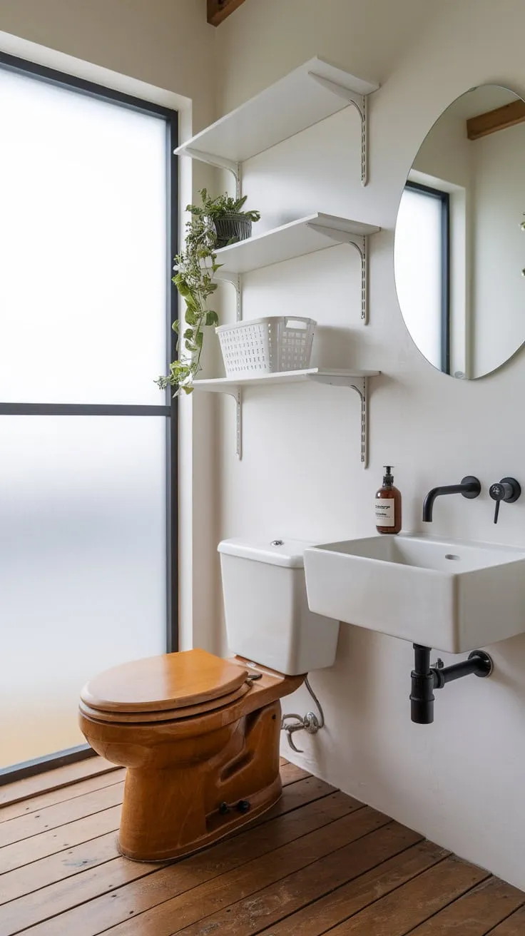Clean lines and natural wood define this serene Japandi bathroom, showcasing minimalist design at its finest