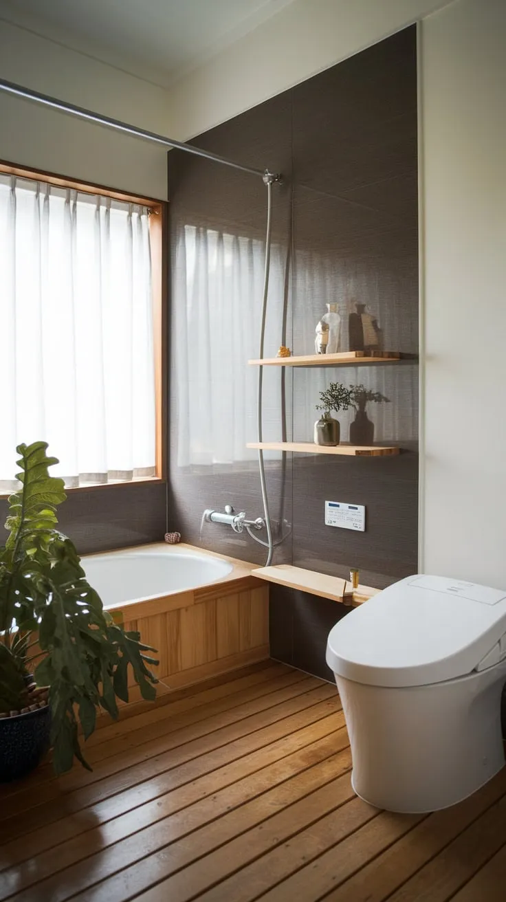 A minimalist Japandi bathroom, featuring wood and white, offers a tranquil escape.