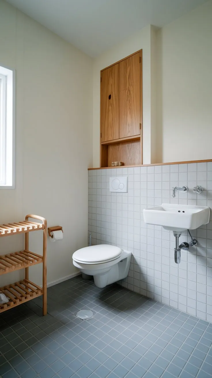 A minimalist Japandi bathroom features a calming white and wood palette with space-saving wall-mounted fixtures.