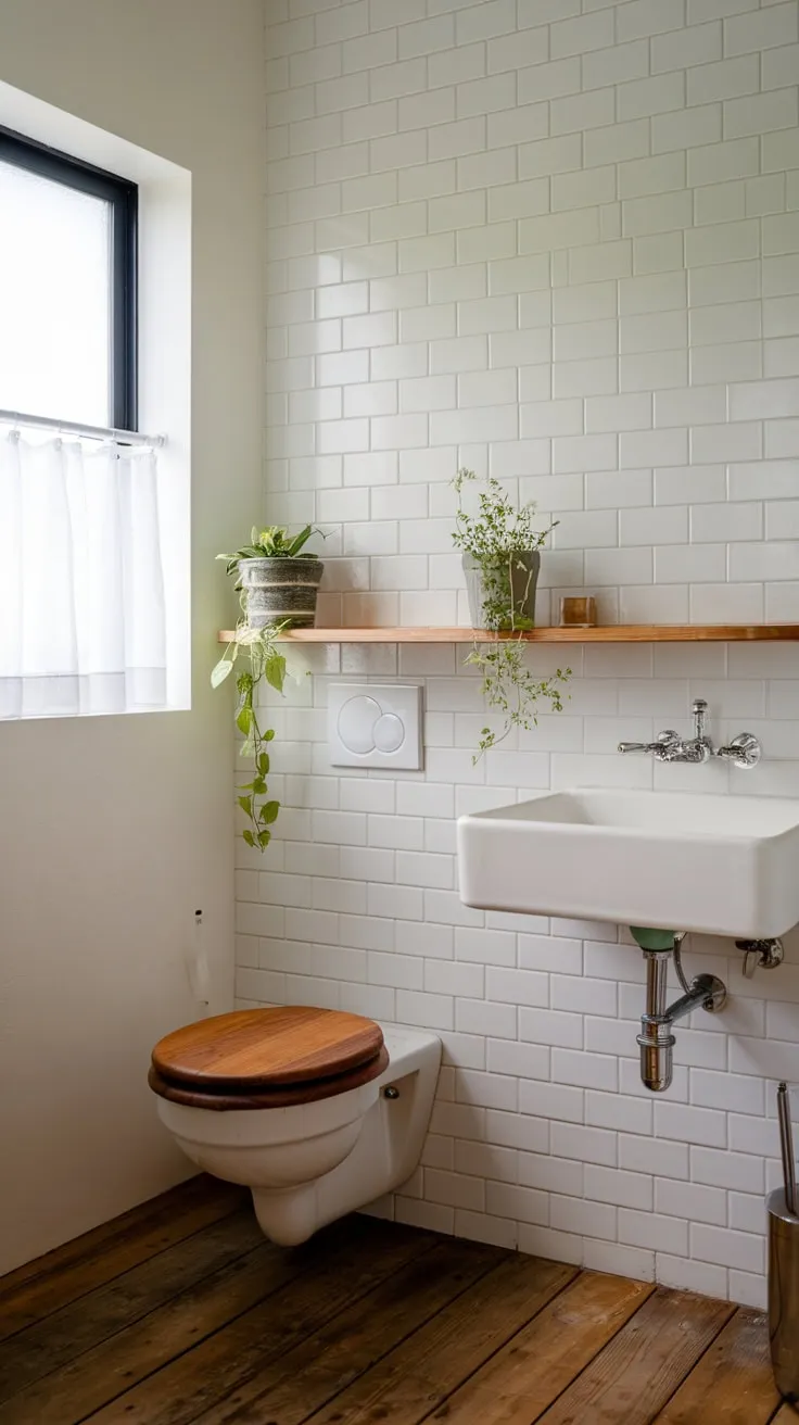 A minimalist white and wood bathroom evokes calm with simple fixtures and pops of green.