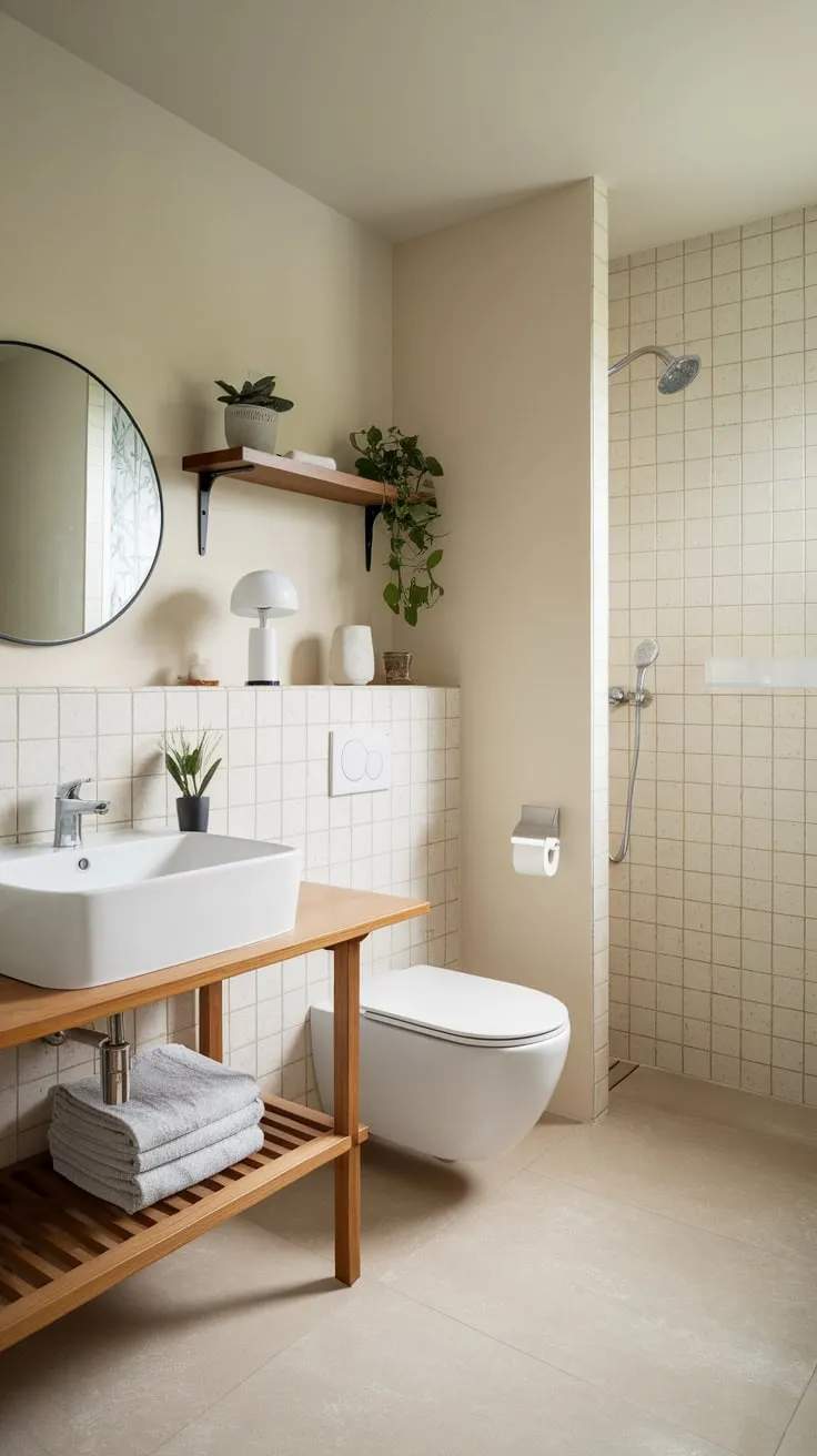Calm beige tones and natural wood accents create a serene Japandi minimalist bathroom sanctuary.
