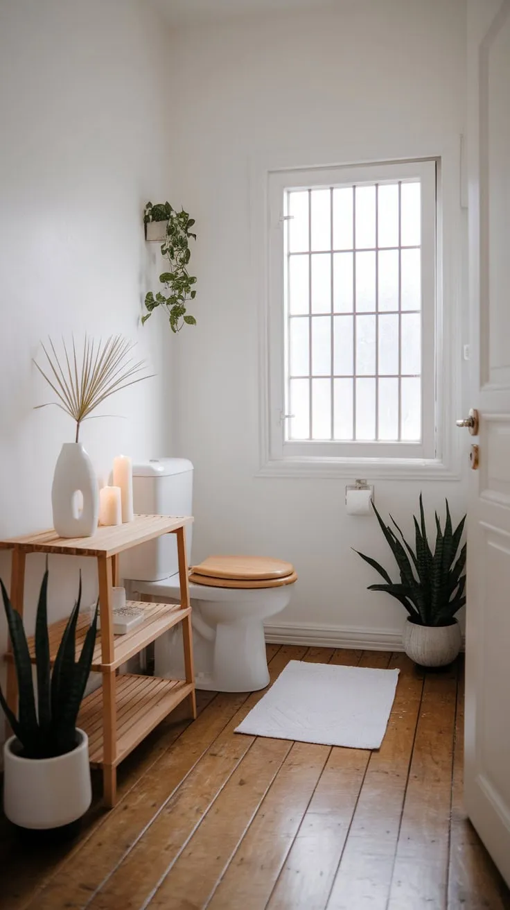 A minimalist Japandi bathroom's calming white and wood palette is accented by carefully chosen plants and simple decor.