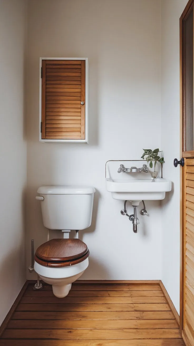 Soft light illuminates a serene Japandi bathroom featuring natural wood accents and clean white fixtures.