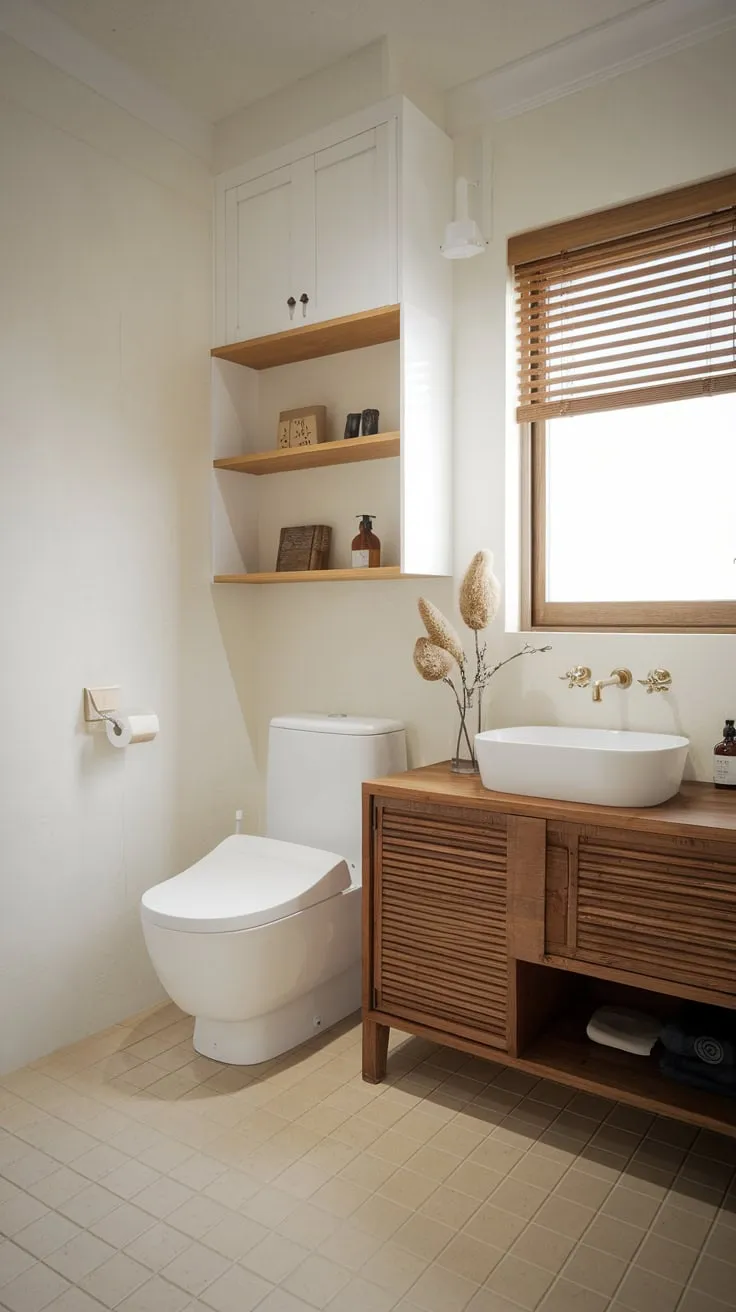Clean lines and natural wood accents define this serene Japandi-style bathroom, featuring a white toilet and minimalist storage.