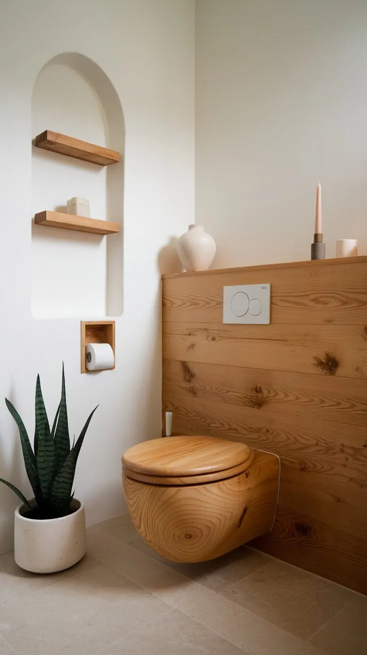 Clean lines and natural wood create a serene Japandi bathroom sanctuary.
