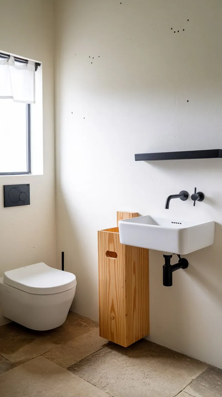 A minimalist Japandi bathroom showcases simple elegance with its white fixtures, black accents, and natural wood tones.