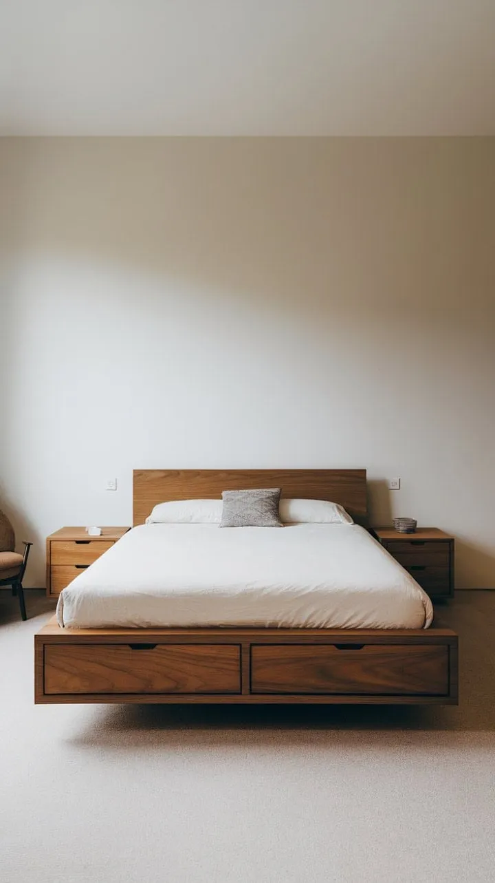 This minimalist bedroom, with its floating queen platform bed and integrated drawers, embodies a serene blend of clean lines and understated elegance.