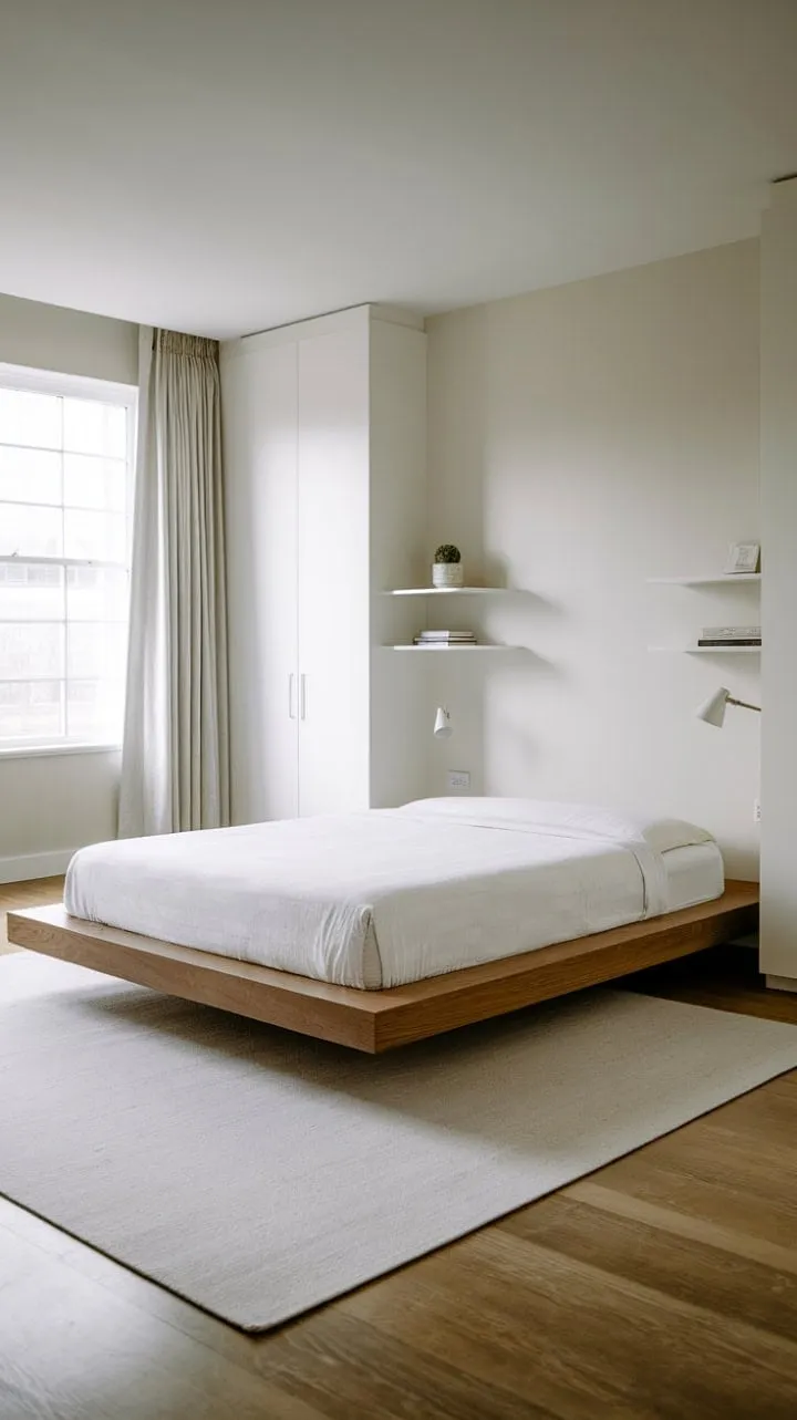 This minimalist bedroom exudes effortless elegance with its floating queen platform bed, rich wood accents, and a soft white rug that together create a serene, airy retreat.