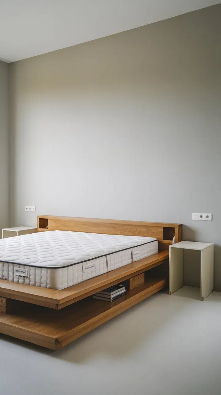This serene light-grey sanctuary exemplifies minimalist design with a clever floating platform bed and a simple nightstand, creating a tranquil and space-efficient retreat.