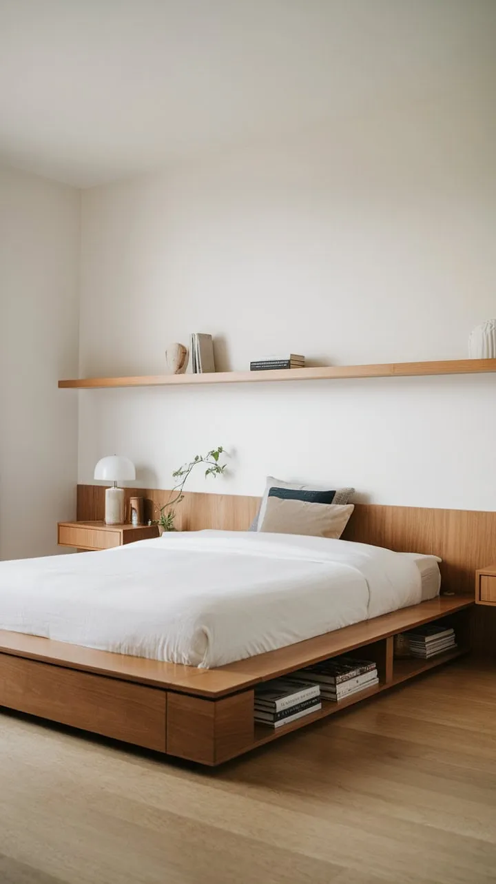 This minimalist bedroom, with its sleek floating platform bed and warm wood tones, offers a serene sanctuary that beautifully marries functionality with understated elegance.