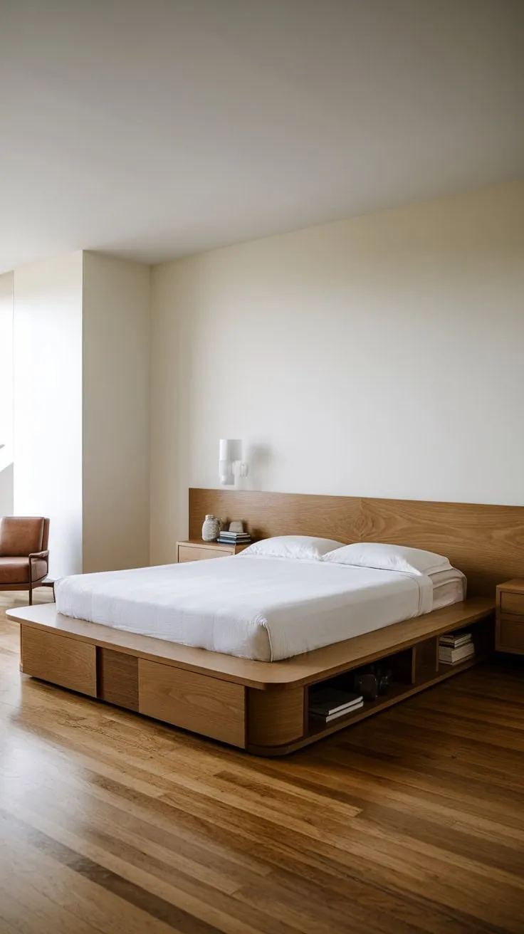 A minimalist queen platform bed with integrated storage maximizes space in this serene, hardwood-floored bedroom.