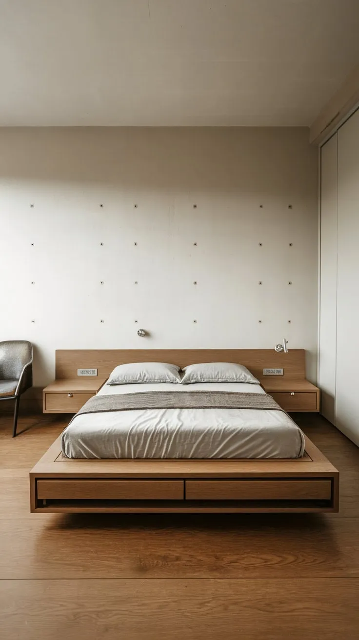 A minimalist queen platform bed with built-in storage anchors a serene, sparsely furnished bedroom.