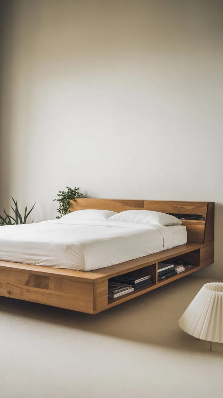 A floating queen bed with built-in storage anchors this serene minimalist bedroom, accented by soft lighting and a touch of greenery.