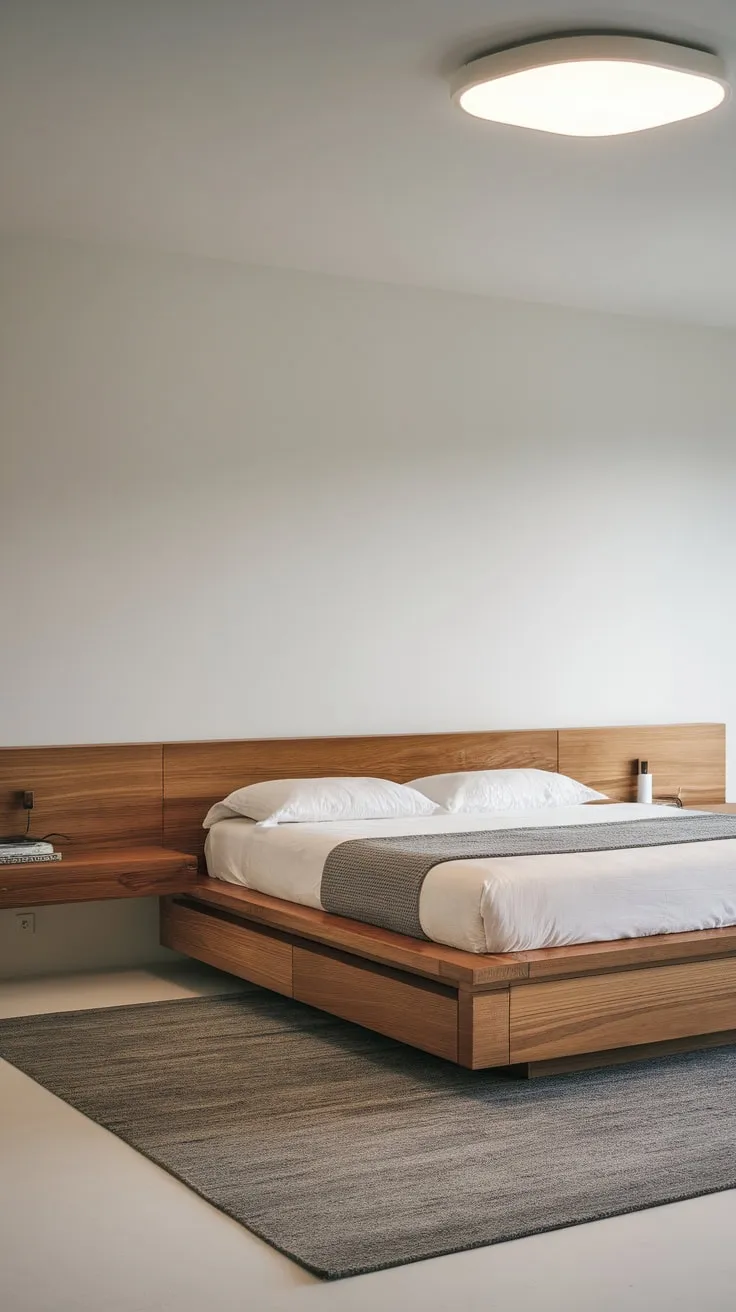 Clean lines and hidden storage define this minimalist bedroom's floating wood bed, perfectly complemented by a grey rug and white walls