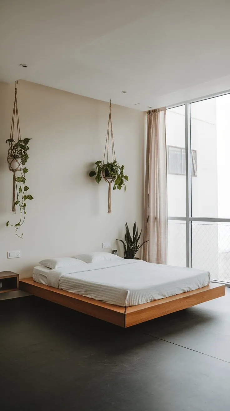 A serene minimalist bedroom features a floating queen bed, dark floors, and pops of greenery against white walls.