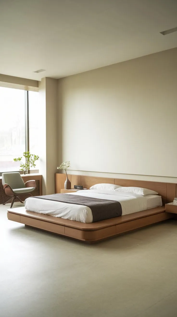 Clean lines and a floating platform bed define this minimalist bedroom's calming, uncluttered space.