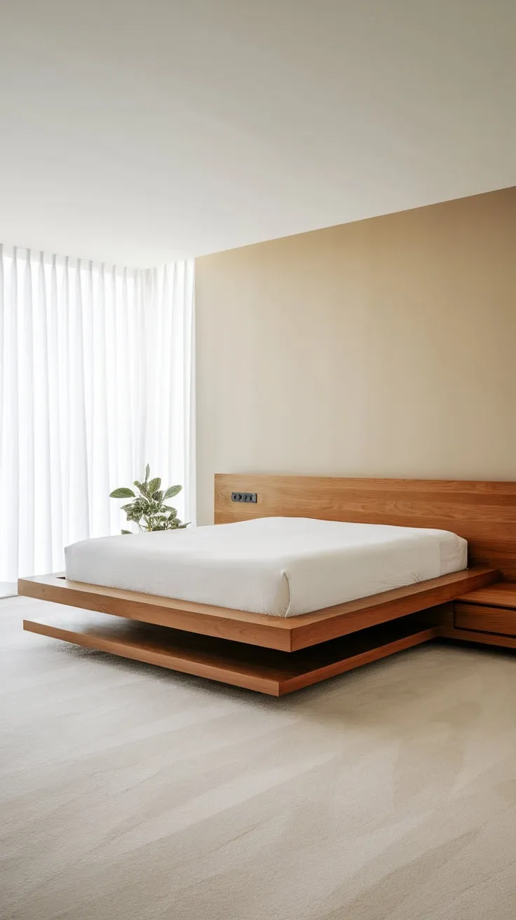 A serene minimalist bedroom features a floating queen bed above wooden storage, all set against a calming beige wall and bright window.