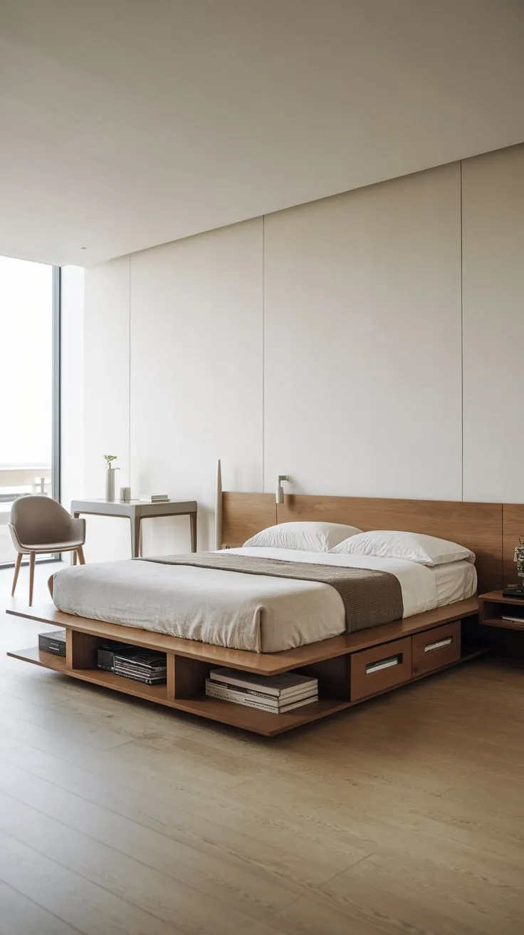 Light wood floors and sparse furnishings create a serene, modern sanctuary in this minimalist bedroom.