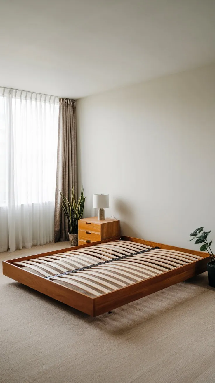 A serene minimalist bedroom features a queen platform bed and minimal furniture against a backdrop of white walls and beige carpet.