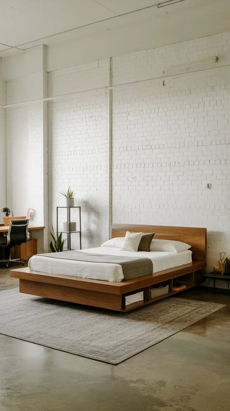 A floating queen bed with built-in storage anchors a minimalist bedroom featuring polished concrete, white brick walls, and subtle modern accents.