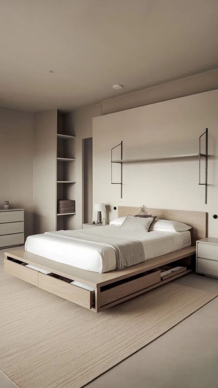 Clean lines and a neutral palette define this minimalist bedroom, showcasing a floating queen bed with hidden storage and understated furniture.