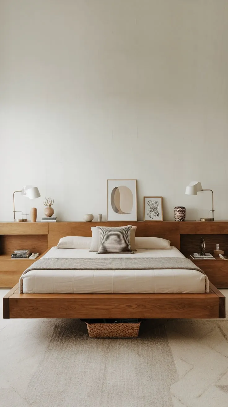 A floating wood platform bed maximizes space and storage in this minimalist bedroom.