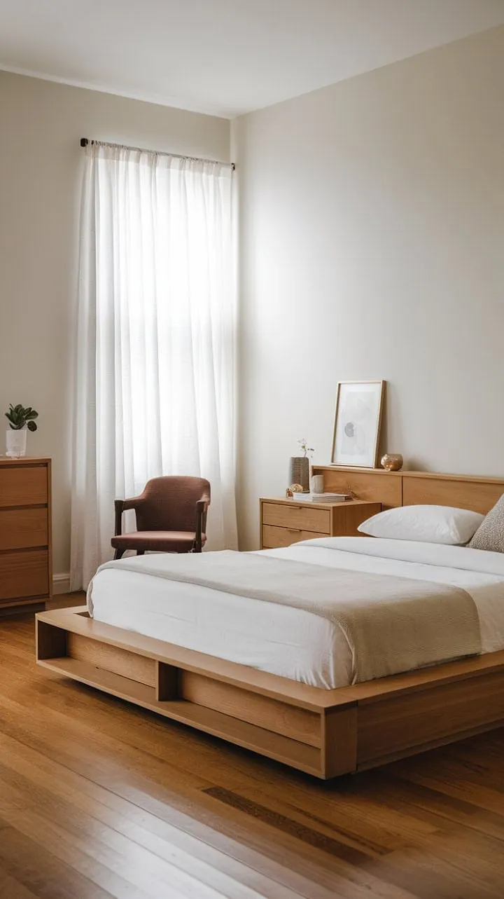 This minimalist bedroom harmoniously blends sleek design and practicality, offering a serene sanctuary with its floating platform bed and tranquil color palette.