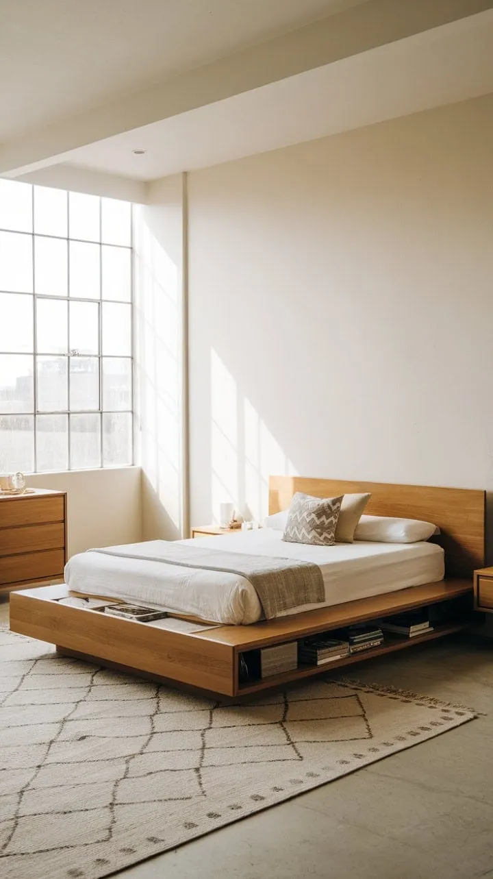 Bathed in sunlight, this minimalist bedroom features a stylish floating queen platform bed with built-in storage, creating a serene sanctuary of clean lines and tranquility.