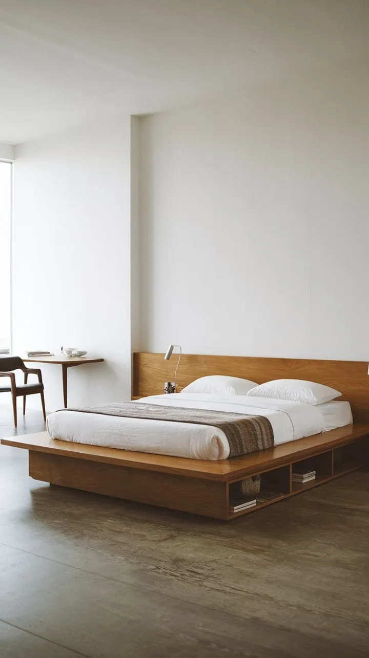 Experience tranquil minimalism with a stylish floating platform bed that seamlessly combines serenity and smart storage.